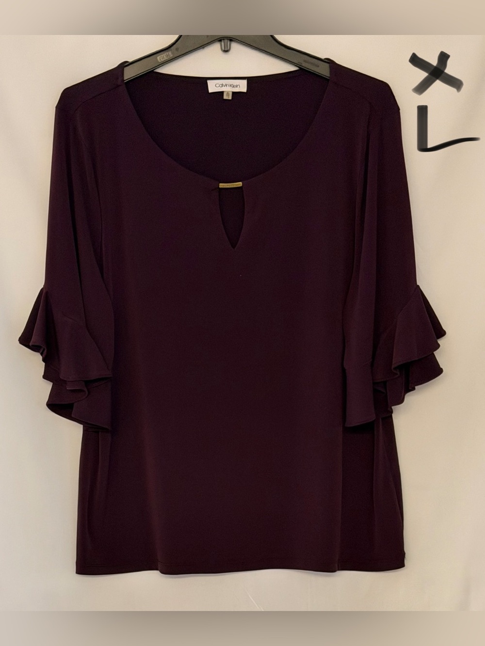 Calvin Klein Deep Plum Ruffle-Sleeve Keyhole Blouse